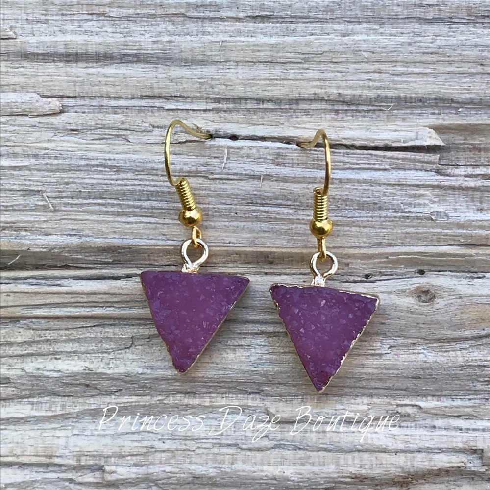 Gold Pink Triangle Druzy Stone Dangle Earrings